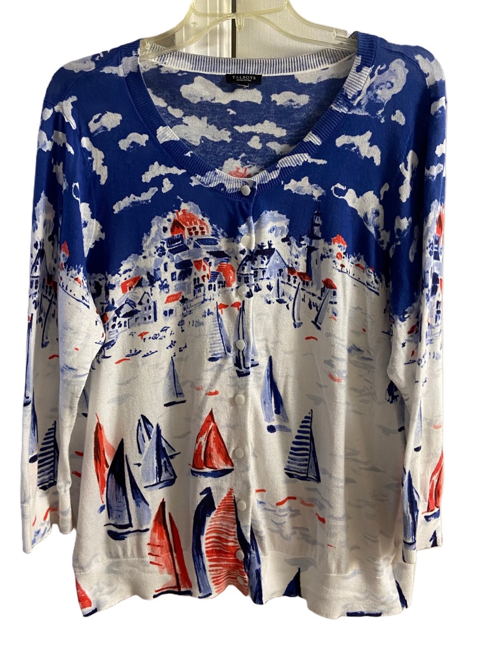 Talbots Women's Coastal Sailboat Harbor Print Button Front Knit Cardigan 2XP